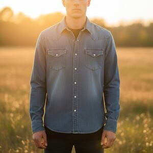 Ditch Plains Mens Denim Western Pearl Snap Cowboy Cut Shirt - Blue, Size M